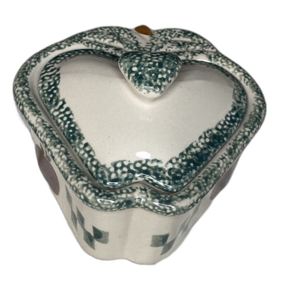Vintage Heart Shaped Apple Themed Ceramic Sugar Bowl with Lid Ivory Green 4.5" - Picture 3 of 9